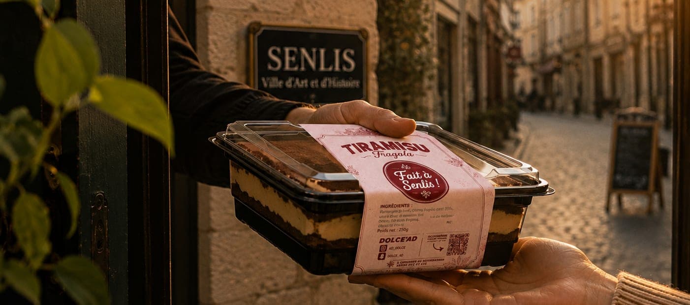 Livraison d'un tiramisu Dolce'AD dans les rues de Senlis