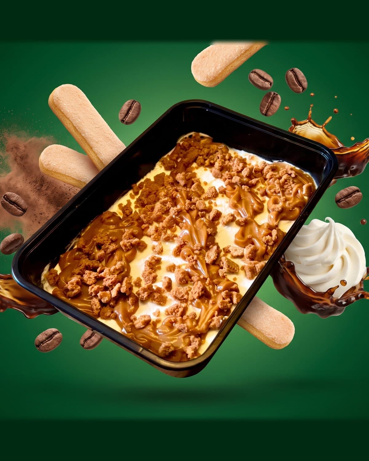 Barquette de tiramisu Dolce'AD entourée de ses ingrédients