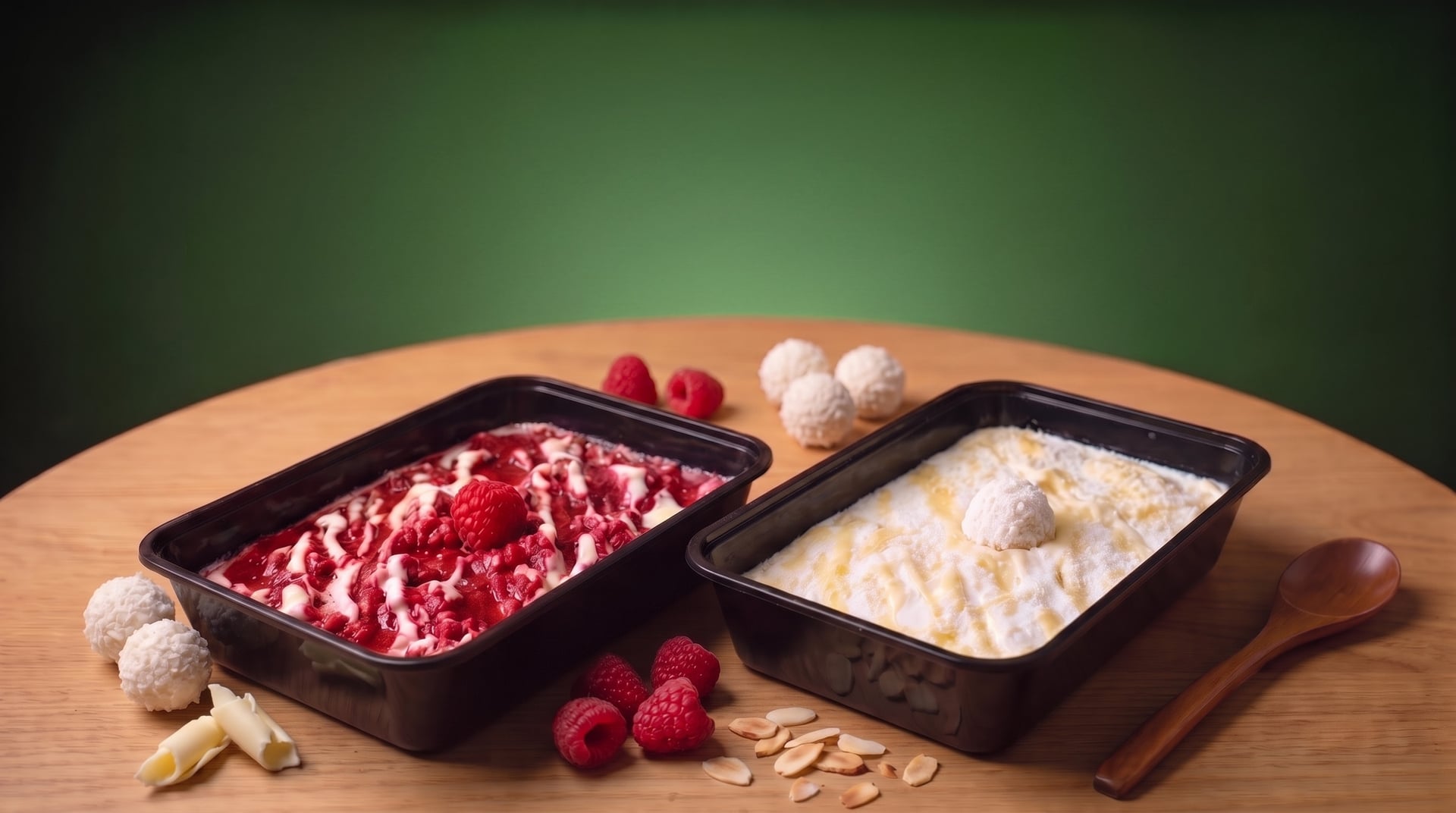 Deux barquettes de tiramisu Dolce'AD, framboise et Raffaello, posées côte à côte sur une table en bois